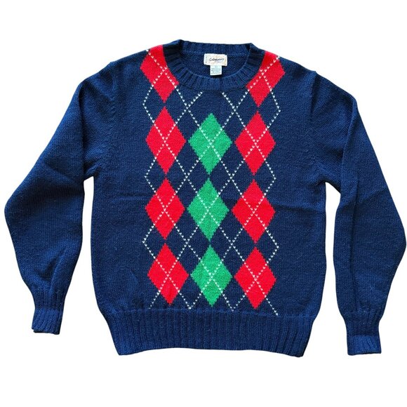 Vintage Other - Vintage 80s Preppy Argyle Diamond Knit Sweater Blue Large